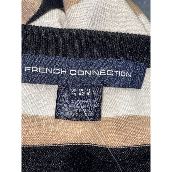 French Connection Sweater Dress Black Tan Stripe 3/4 Sleeve Knit Sheath Sz 14 - Picture 8 of 11